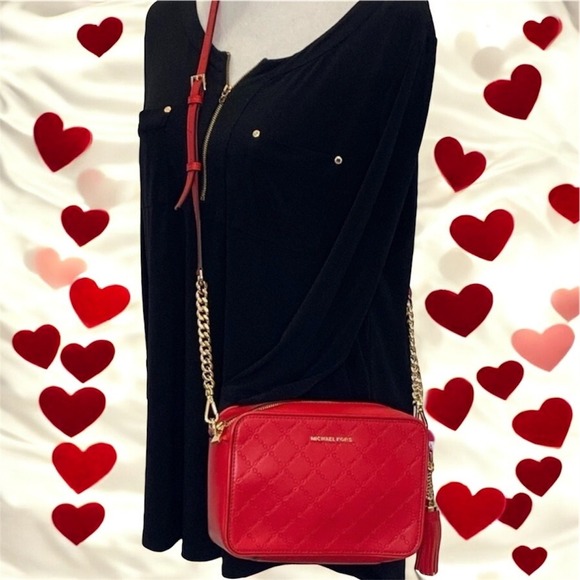 Michael Kors Crossbody Camera‎ Bag Leather Bright Red Gold Chain - Picture 2 of 16